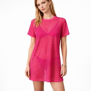 Bright Pink Fuchsia Mesh T-Shirt Dress / Swim Cover-Up – Size M